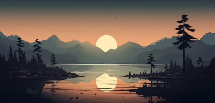 A painting of a lake with towering mountains in the background, showcasing the beauty of nature.
