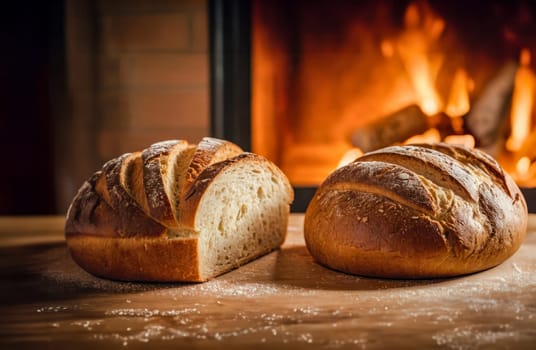 Two freshly baked bread loaves on a wooden table, with one sliced open, placed in front of a warm fireplace.