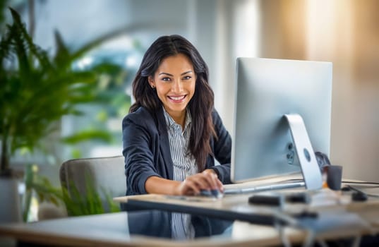 A young businesswoman smiling and working on a computer in a modern office environment with plants and sunlight.