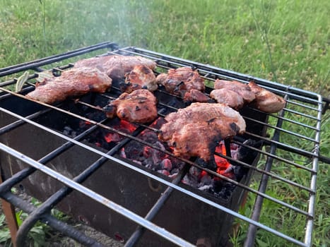 The barbecue grill is burning for frying shashlik on the coals
