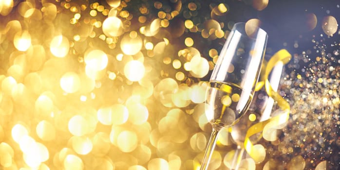 Two champagne glasses with golden ribbon and gold glitter splash bokeh on dark background. Luxury restaurant dinner celebration. Classy christmas and new year holiday panoramic design banner.