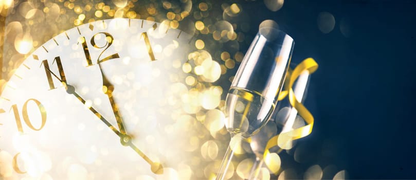 New year eve celebration with champagne flutes and midnight countdown  on golden firework bokeh background. Christmas party with blur confetti glitter, classy drink and vintage clock.