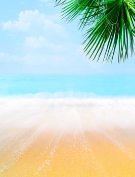 Summer holiday travel background design. Sand and sea landscape with palm tree. Tropical sandy beach with sea waves banner.