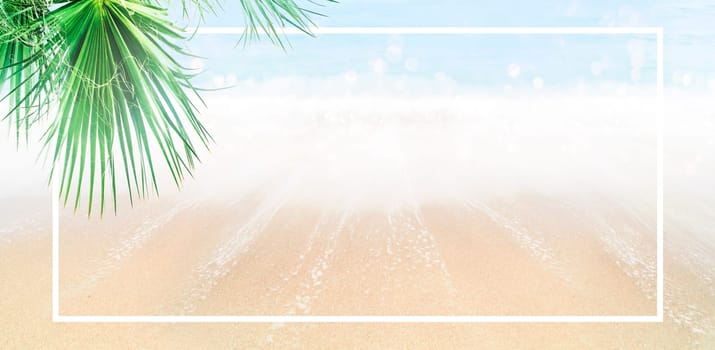 Summer holiday travel background design. Sand and sea landscape with palm tree. Tropical sandy beach with frame banner.