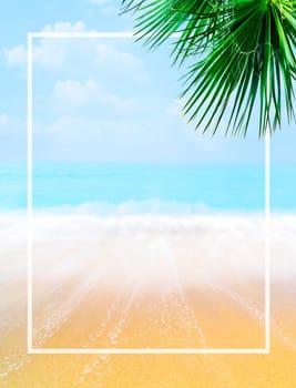 Summer holiday travel background design. Sand and sea landscape with palm tree. Tropical sandy beach with frame banner.