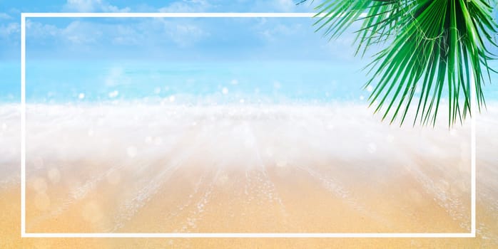 Summer holiday travel background design. Sand and sea landscape with palm tree. Tropical sandy beach with frame banner.