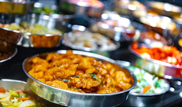 Traditional Asian dishes sold in a shopping mall food court in Singapore.
