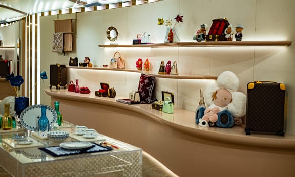 SINGAPORE - MAY 10, 2024: Products display in Louis Vuitton fashion house at Marina Bay Sands shopping mall in Singapore