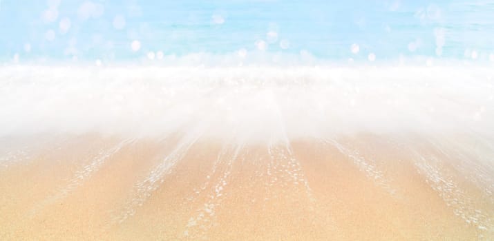 Summer holiday travel background design. Blurred sand and sea landscape banner. Tropical sandy beach with sea waves bokeh.