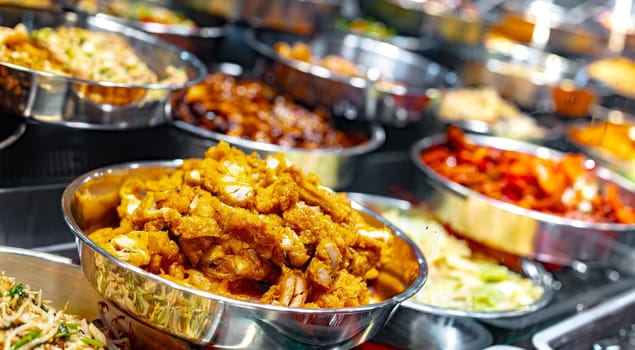 Traditional Asian dishes sold in a shopping mall food court in Singapore.