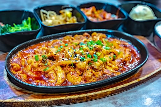 Traditional bulgogi chicken served in Korean restaurant.