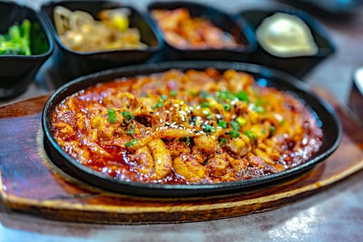 Traditional bulgogi chicken served in Korean restaurant.