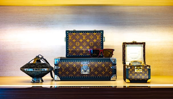 SINGAPORE - MAY 10, 2024: Products display in Louis Vuitton fashion house at Marina Bay Sands shopping mall in Singapore