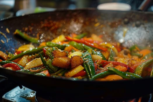 Close-up of a vegetable stir-fry cooking in a wok, a healthy and flavorful meal