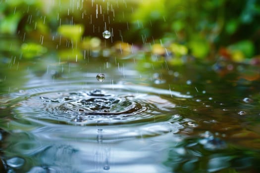 Close up of a raindrop falling into a puddle, symbolizing the interconnectedness of all living things