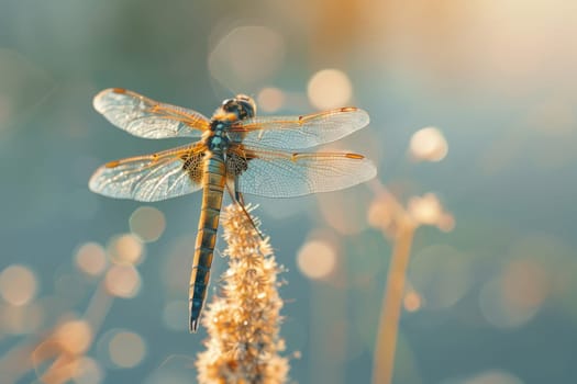 Close up of a dragonfly perched on a reed, showcasing the beauty of wetland ecosystems