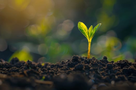 Close up of a seedling sprouting from the soil, symbolizing growth and renewal in nature