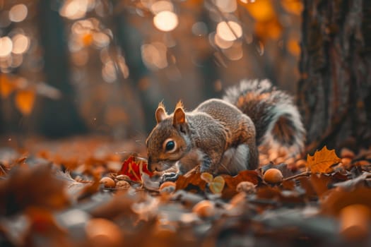 Close up of a squirrel foraging for acorns in a forest, showcasing the role of small mammals in seed dispersal