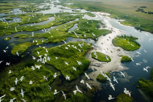 Coastal wetlands teeming with diverse bird species, emphasizing the importance of preserving natural habitats