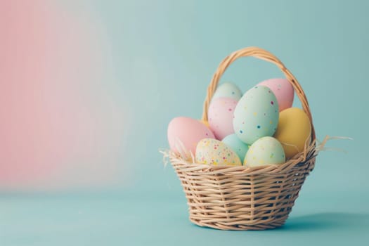 Colorful Easter eggs arranged in a basket against a pastel background