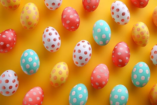 Colorful Easter eggs arranged in a pattern against a vibrant backdrop