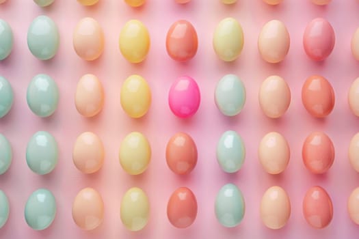Colorful Easter eggs arranged in a pattern against a pastel backdrop