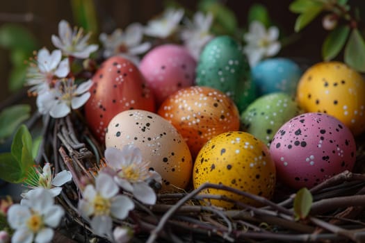 Colorful Easter eggs arranged in a nest with spring blossoms