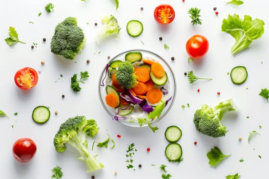 Colorful vegetable crudite with ranch dip on a transparent white surface