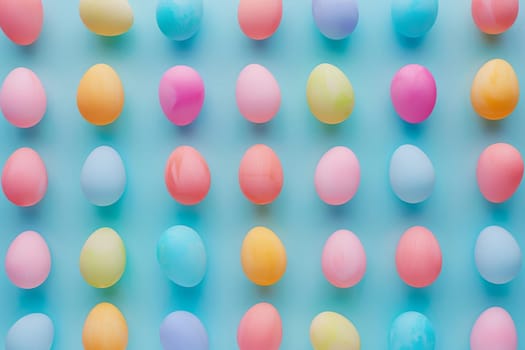 Colorful Easter eggs arranged in a pattern against a pastel backdrop