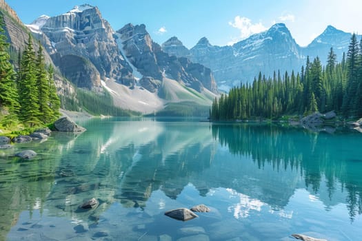 Crystal-clear mountain lake surrounded by towering peaks and pine trees