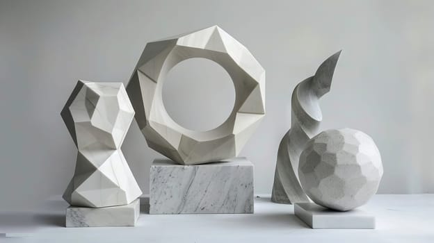 Three sculptures of different shapes and sizes are displayed on a white table. The sculptures are made of white marble and are placed on pedestals
