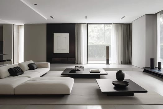 Contemporary minimalist living room with clean lines and monochromatic palette