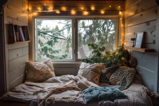 Cozy reading nook with soft blankets and cushions, providing a peaceful space for stress relief