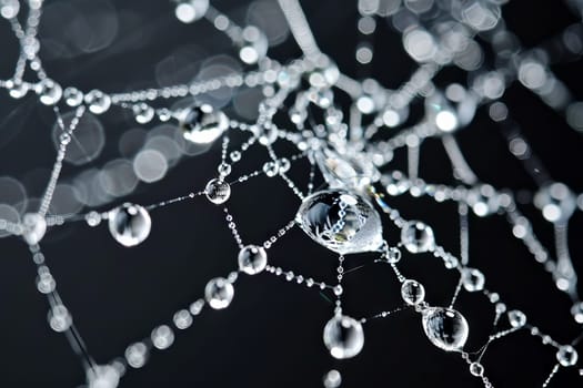 Crystal-clear water droplets caught in the delicate strands of a spider's web