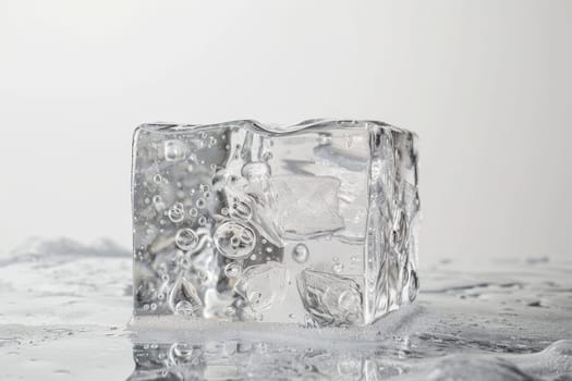 Crystal-clear ice block with trapped air bubbles on a soft transparent white backdrop, adding a touch of frozen fascination