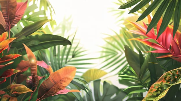 A lush green jungle with a bright yellow and red leafy plant in the foreground. The jungle is full of life and color, with a sense of adventure and exploration