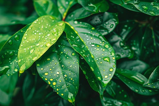 Crystal-clear water droplets glistening on the leaves of a tropical plant