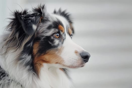 Curious Australian shepherd with multicolored coat and intelligent eyes, ideal for working dog designs
