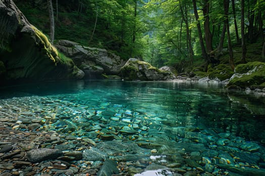 Crystal-clear water of a secluded mountain pool hidden deep in the forest