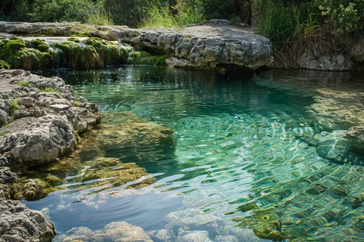 Crystal-clear water of a natural spring bubbling up from the ground