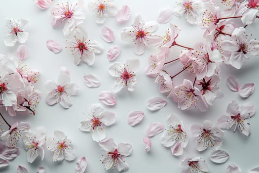 Delicate cherry blossom petals on a transparent white surface, ideal for delicate compositions