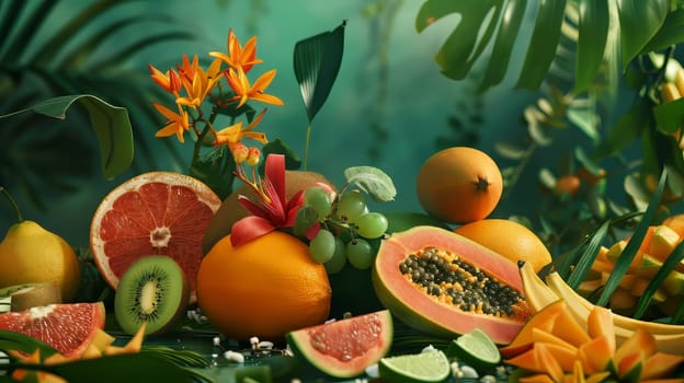 A colorful fruit display with a variety of fruits including oranges, kiwis, grapes, and bananas