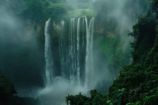Dramatic waterfall plunging into a misty gorge surrounded by lush greenery