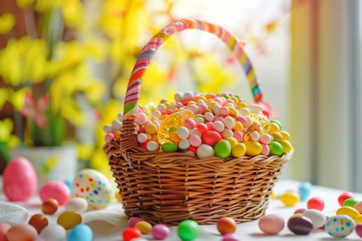 Easter basket filled with candies, chocolates, and surprises for children