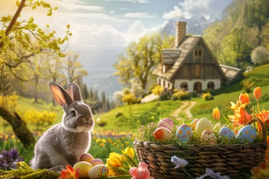Easter bunny delivering eggs in a picturesque countryside setting
