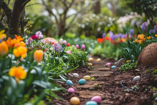 Easter egg hunt in a flower-filled garden with bright blooms