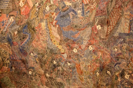 Venice, Italy - May 7 2024: Foreigners Everywhere 60th Venice Art Biennale in Venice. Crucifixion of fhe Soul by Magde Gill. Coloured inks on calico.
