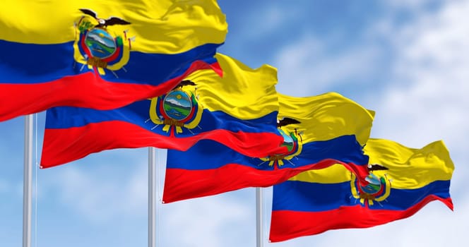 Ecuador national flags waving in the wind on a clear day. The Republic of Ecuador is a presidential republic of South America. 3d illustration render. Fluttering fabric