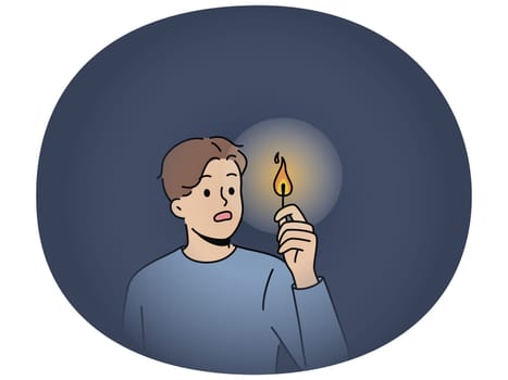 Scared man in darkness with lit match. Terrified guy with light walking in dark. Electricity lack. Vector illustration.
