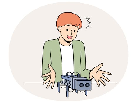 Smiling little boy creating robot. Happy small child sit at table designing robotic toy. Education and childhood. Vector illustration.